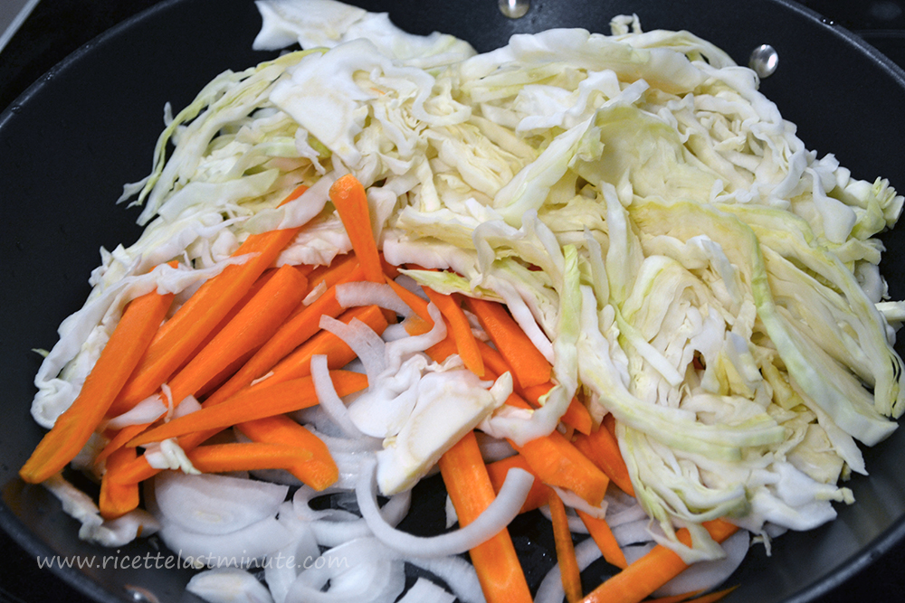 Carrots, cabbage and onion, all in a pan