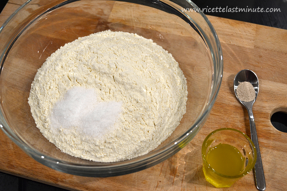 Bowl with flour and salt, plus oil and dehydrated beer yeast
