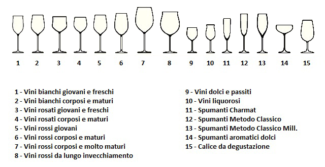 Vari tipi di bicchieri a seconda del tipo di vino da servire